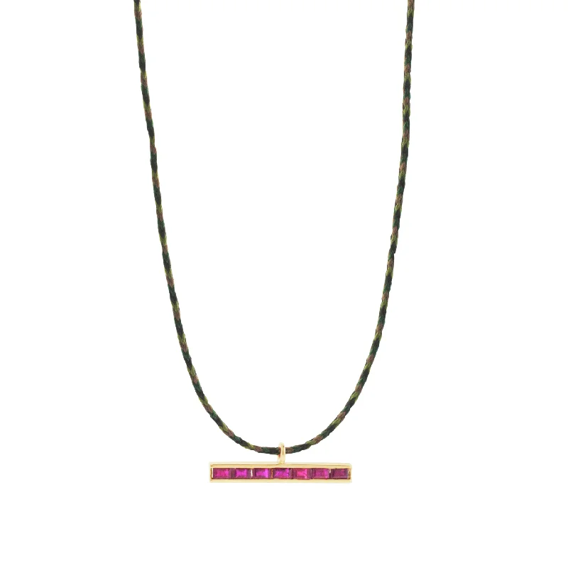 Custom Name Necklaces-Ruby Baguette ID Bar on Army Cord Necklace