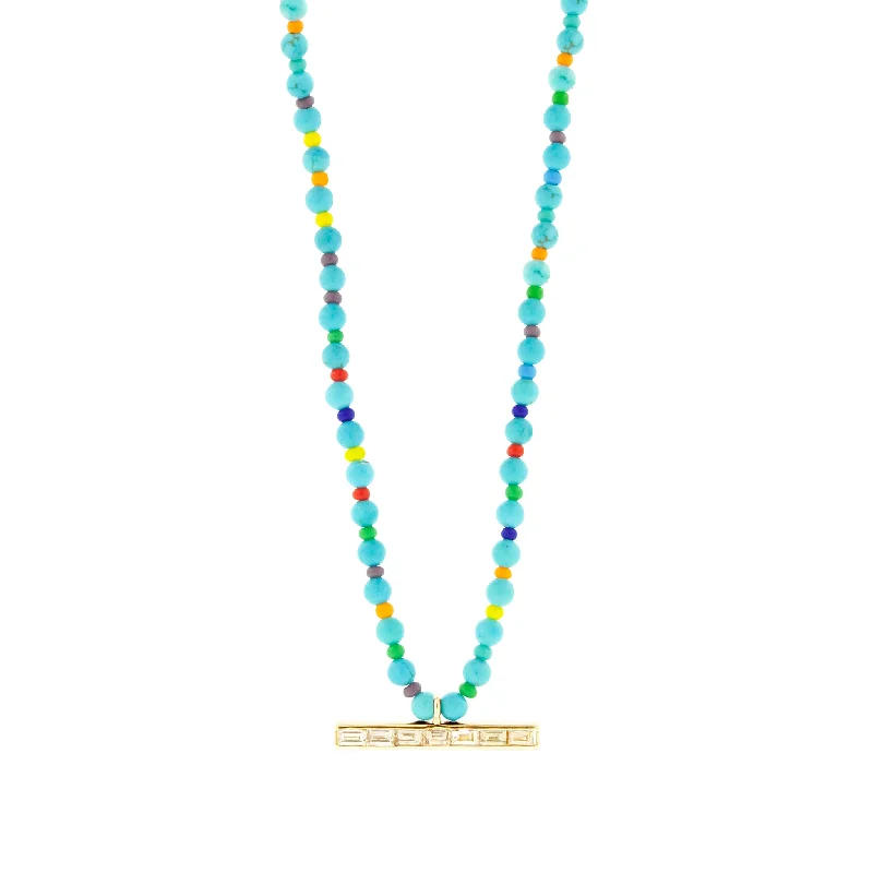 Spiritual Necklaces-TLC Diamond Baguette ID Bar on Turquoise Beaded Necklace