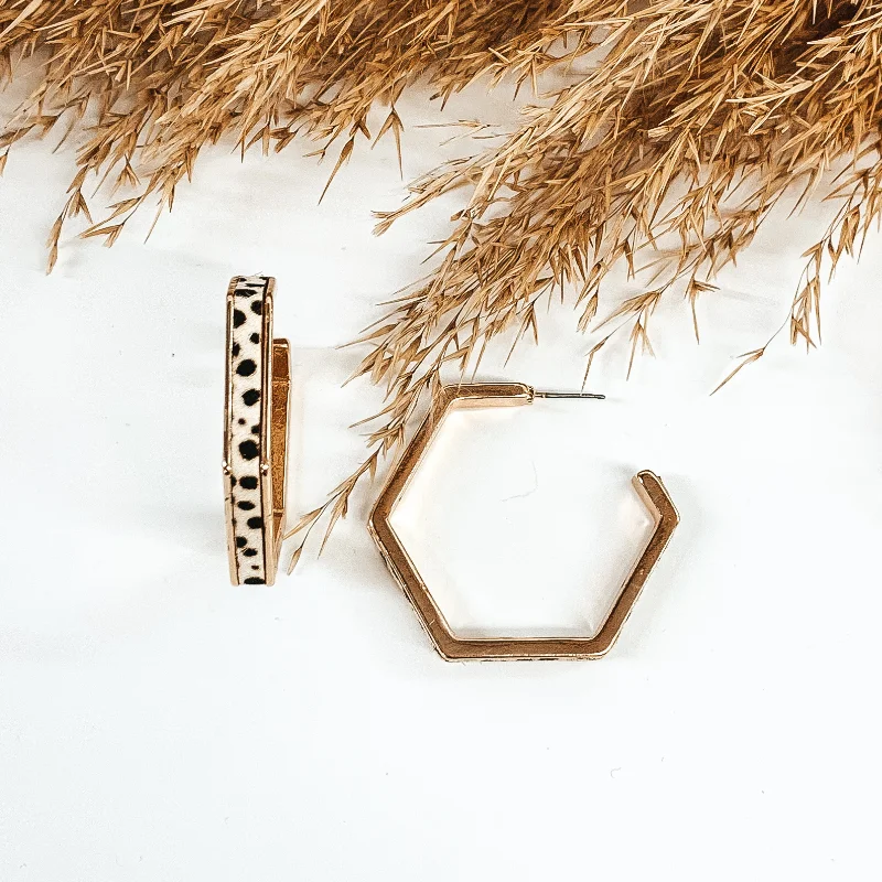 Elegant Drop Earrings-Gold Hexagon Hoops with Cow Hide Inlay in White Dotted