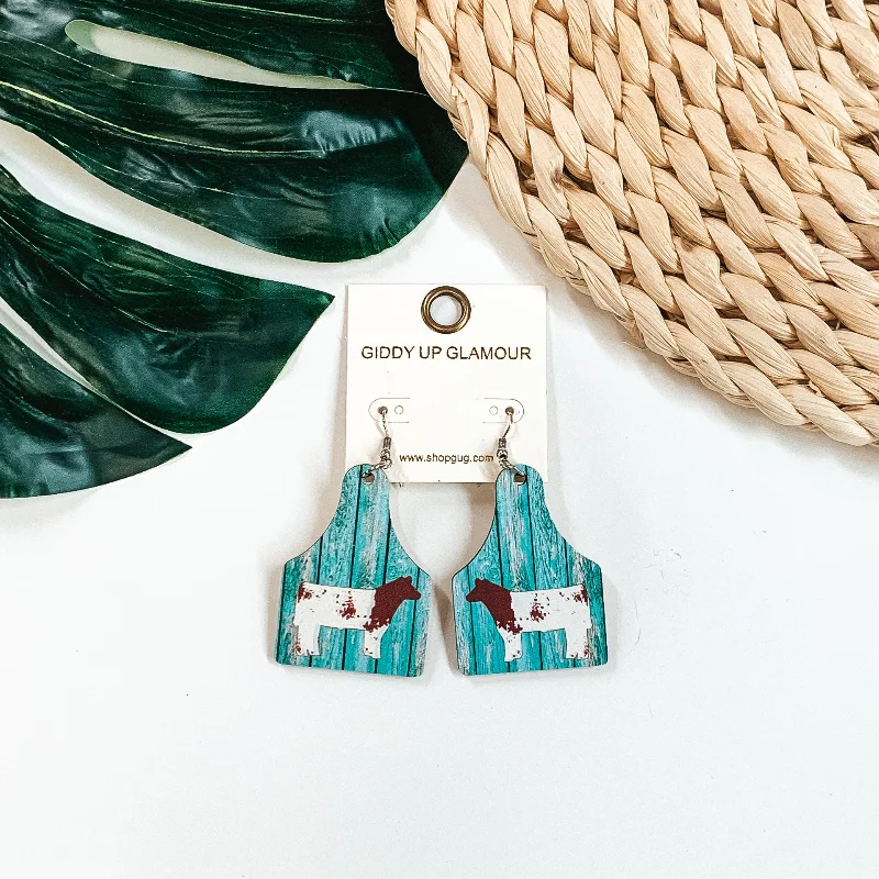 Crystal Drop Earrings-Wooden Cattle Tag in Turquoise