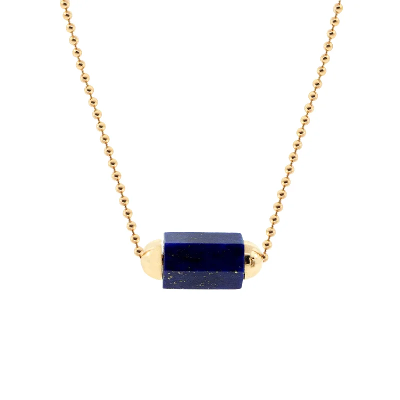 Moon Necklaces-Lapis Hexagon Gemstone Bead On A Gold Ball Chain Necklace