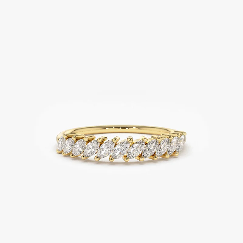 Simple Diamond Promise Rings-14K Gold Domino Marquise Wedding Band