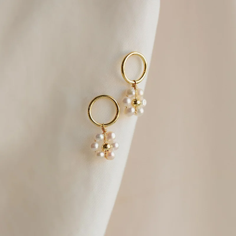 Simple Hoop Drop Earrings-Flower Pearl Drop Earrings