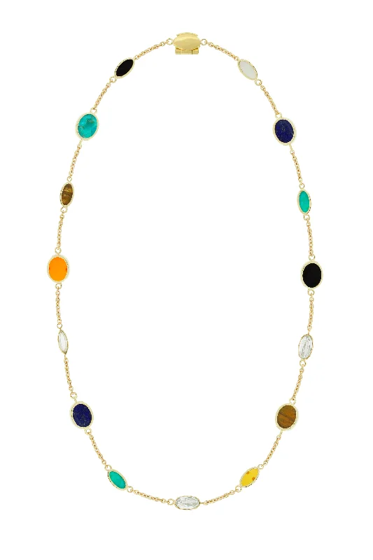 Statement Necklace Set-Multi Oval Gemstone Gold Chain Necklace with Diamonds