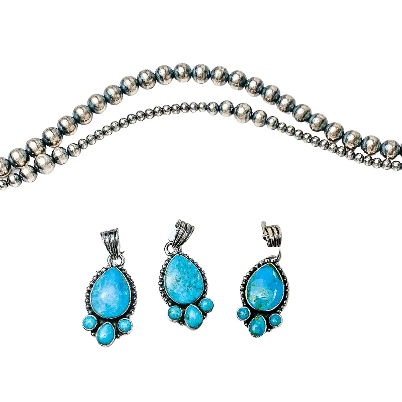 Large Hoop Earrings-HaDa Collections | Sterling Silver and Kingman Turquoise Teardrop Stone Pendant with Three Accent Stones