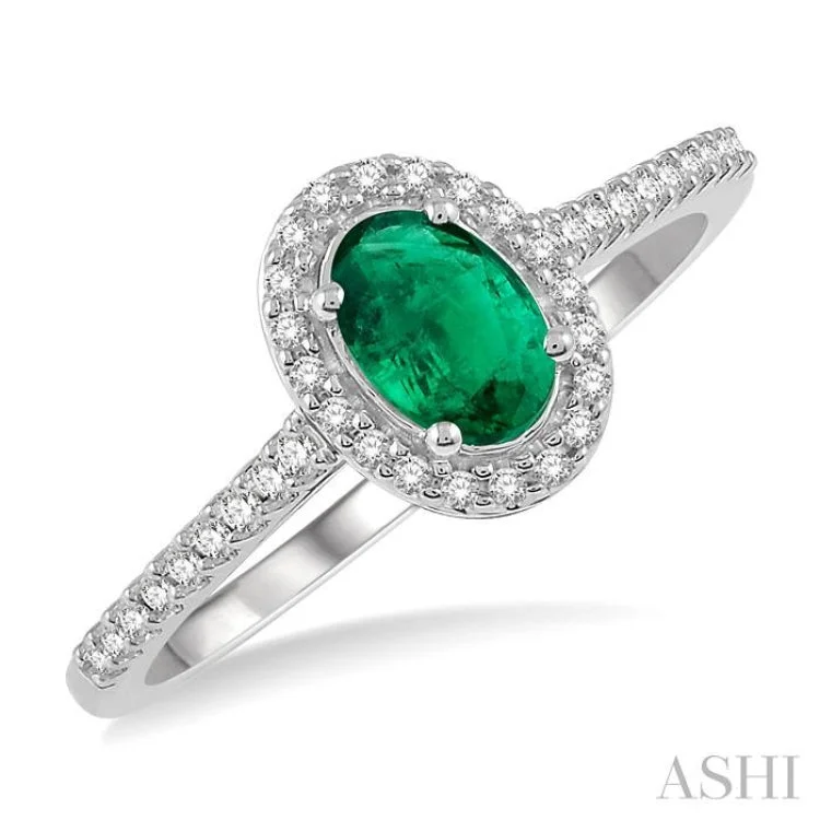 Personalized Wedding Ring Designs-1/5 Ctw Oval Shape 6x4mm Emerald & Round Cut Diamond Precious Ring in 10K White Gold