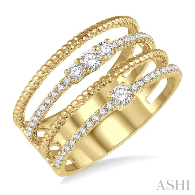 Custom Rose Gold Engagement Rings-3/8 ctw Rope and Round Diamond Multi Row Layered Fashion Ring in 14K Yellow Gold