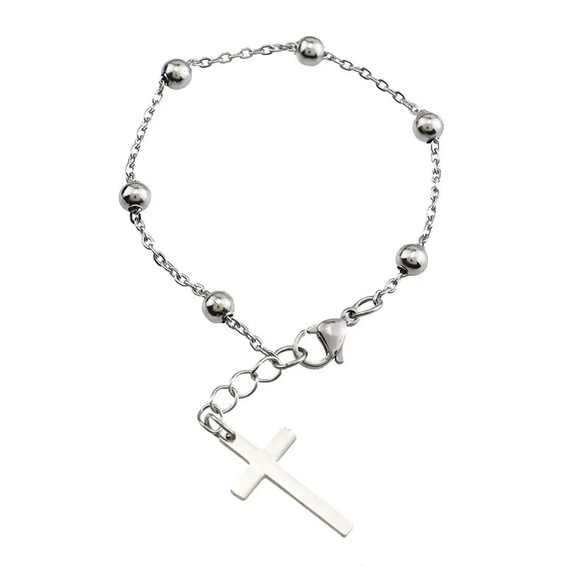 Dainty Beaded Bracelets for Women-Stainless Steel Ball Chain With Cross Bracelet