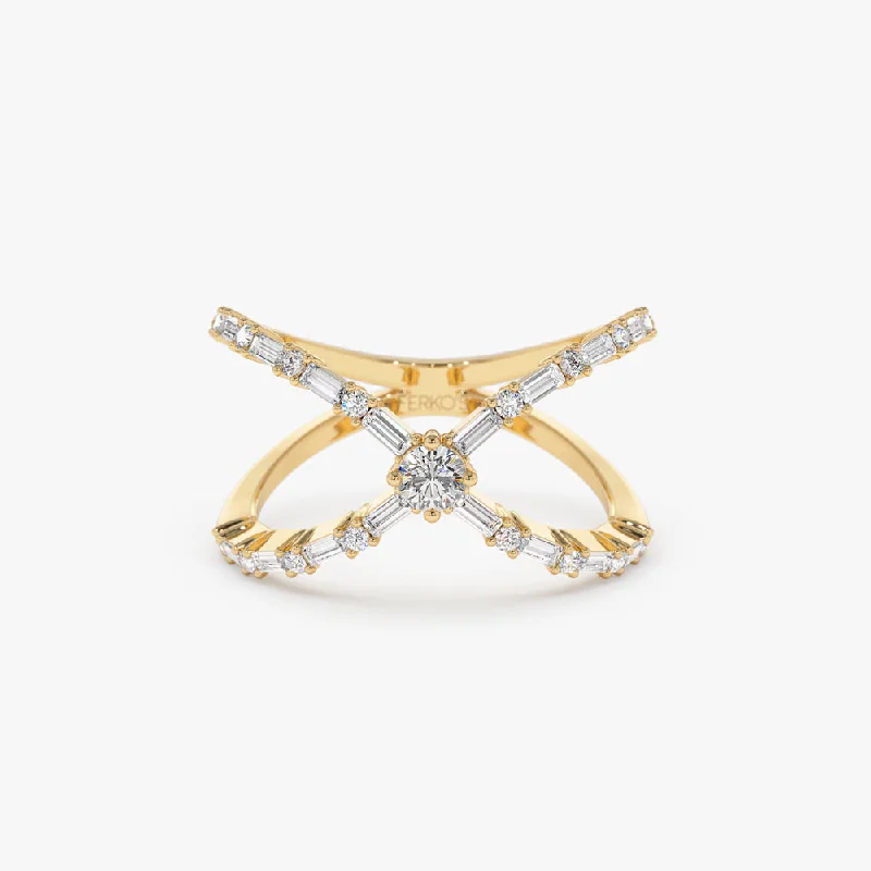 Unique Vintage Rings-Baguette & Round Diamond Crisscross Ring in 14kt