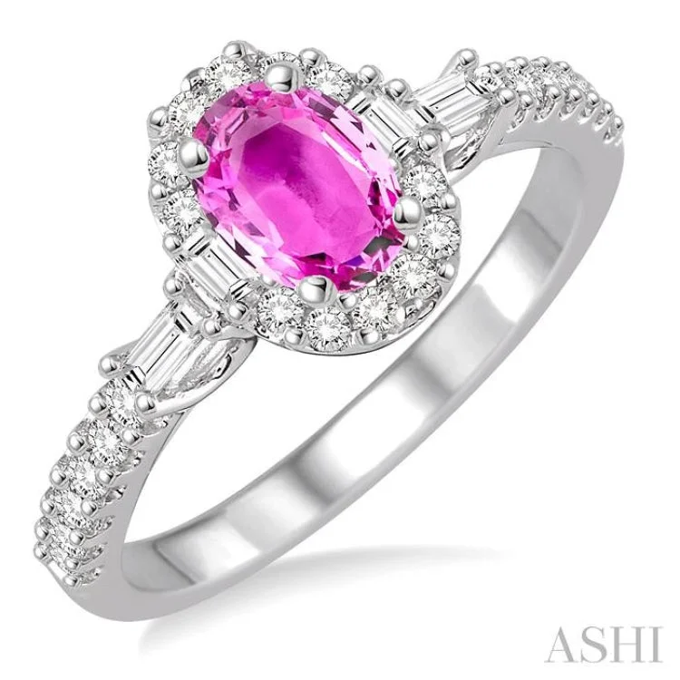 Designer Vintage Wedding Bands-6x4 MM Oval Shape Pink Sapphire and 3/8 Ctw Diamond Ring in 14K White Gold