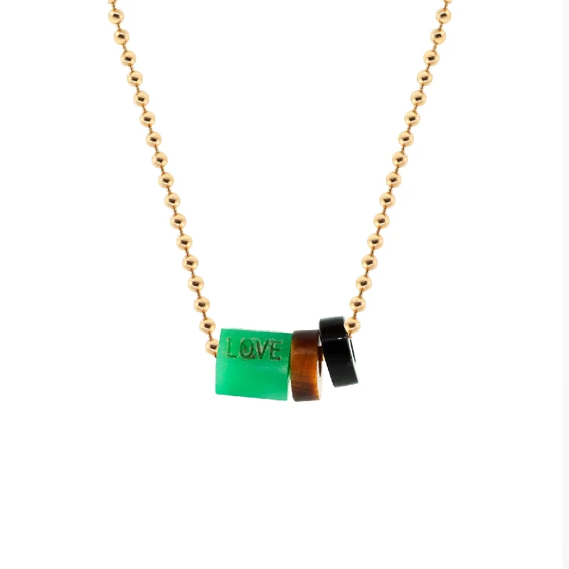 Bar Necklaces-Carved Chrysoprase "LOVE" Gemstone On Gold Ball Chain Necklace