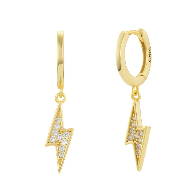 Unique Crystal Earrings-Golden Lighting Bolt Crystal Pave Dangle Hoop Earrings