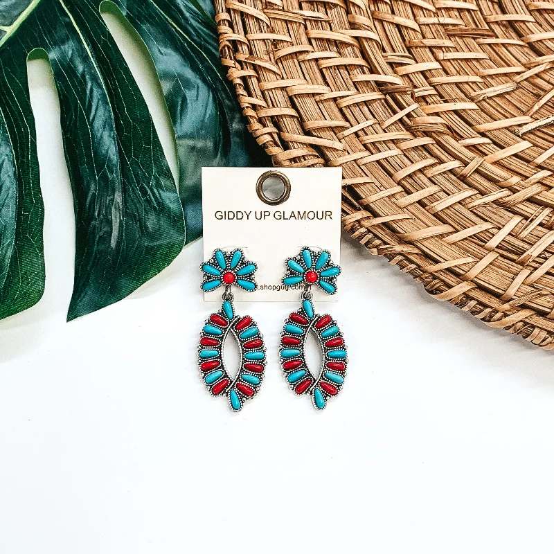 Classic Gemstone Earrings-Western Oval Outline Cluster Drop Earrings in Turquoise/Red