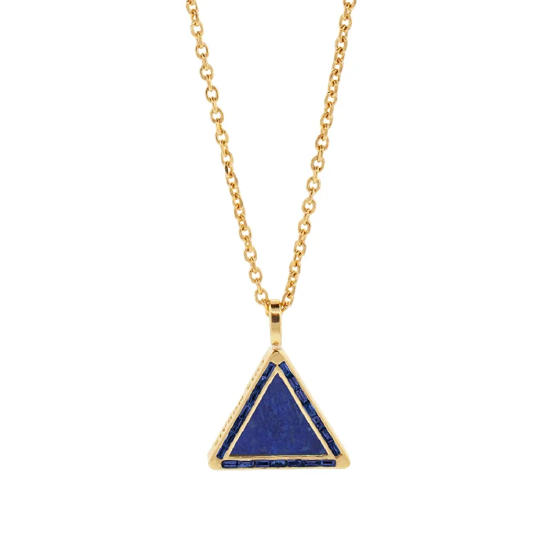 Boho Necklaces-Lapis Triangle Pendant Necklace with Sapphire Baguettes