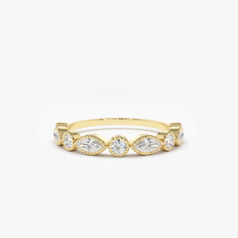 Affordable Custom Engagement Rings-14K Marquise and Round Diamond Milgrain Bezel Setting Ring