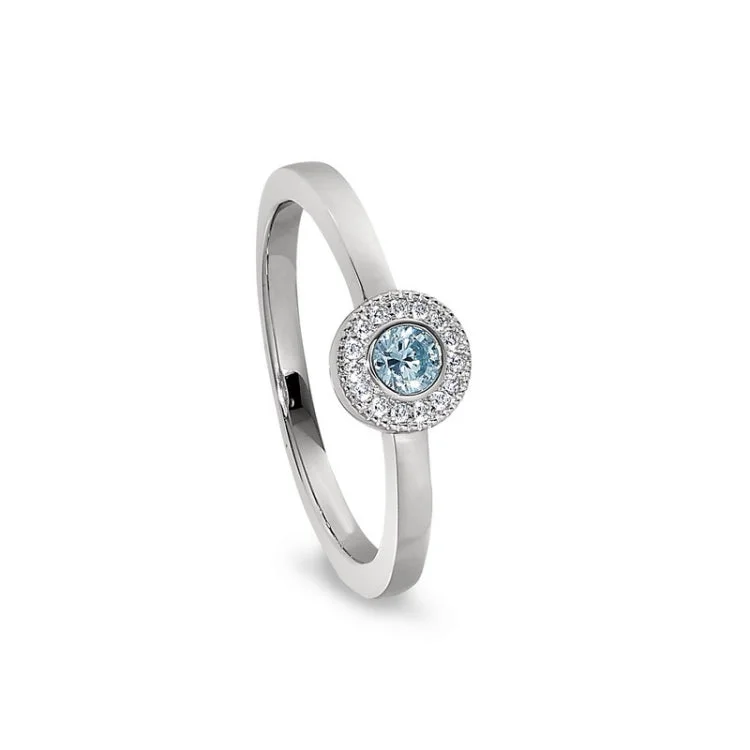 Fashionable Wedding Rings-Platinum Finish Sterling Silver Micropave Round Simulated Aquamarine Ring with Simulated Diamonds Size 9