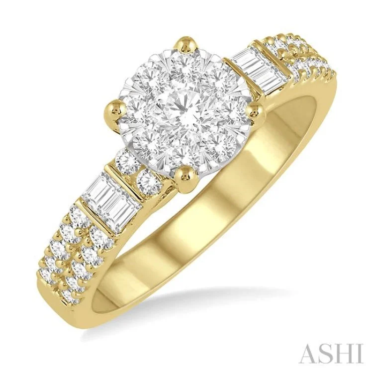 Fashionable Engagement Rings with Birthstones-7/8 Ctw Round and Baguette Diamond Lovebright Engagement Ring in 14K Yellow and White gold