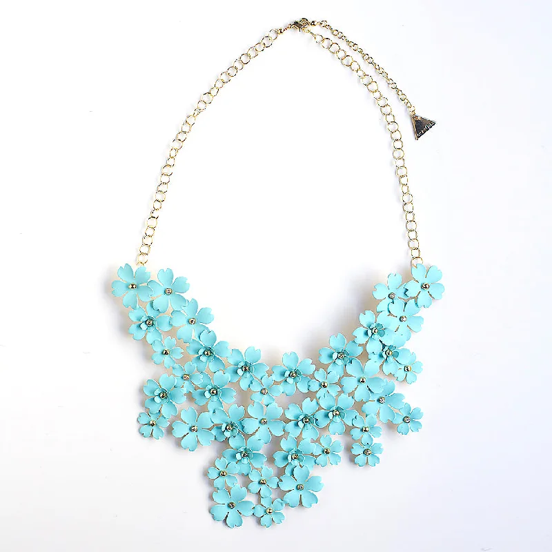 Boho Necklaces-Mega Floral Statement Bib Necklace - Turquoise