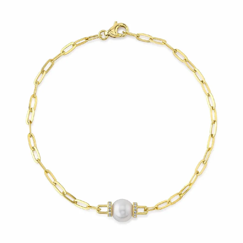 Minimalist Cuff Bracelets for Men-14K Yellow Gold Diamond and Cultured Pearl Paper Clip Link Bracelet