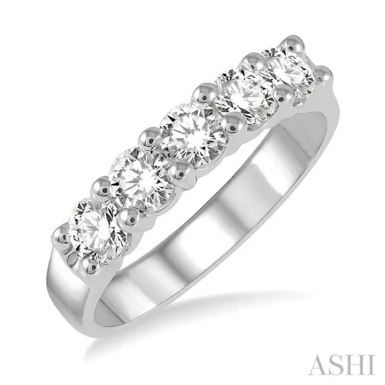 Custom Diamond Engagement Band-1 Ctw Round Cut Diamond 5 Stone Wedding Band in 14K White Gold