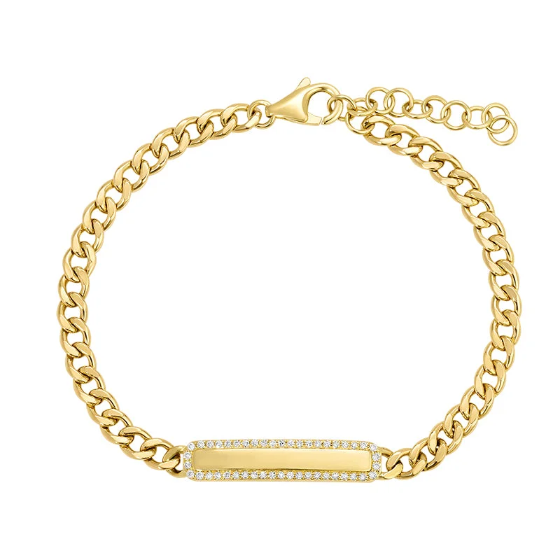 Women’s Adjustable Beaded Bracelets-14K Cuban Link ID Bracelet With Diamond Border