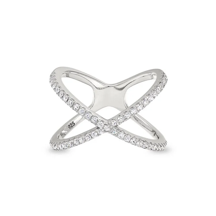 Custom Infinity Rings for Couples-Platinum Finish Sterling Silver Micropave Criss-Cross Ring with Simulated Diamonds