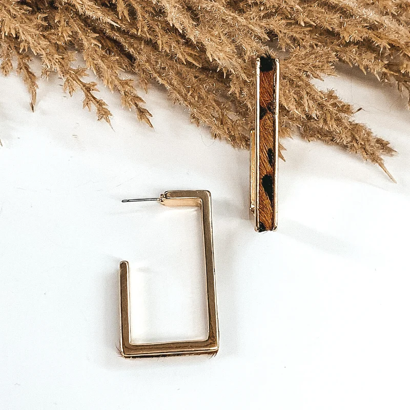 Custom Crystal Earrings-Gold Rectangle Hoops with Cow Hide Inlay in Brown Leopard Print