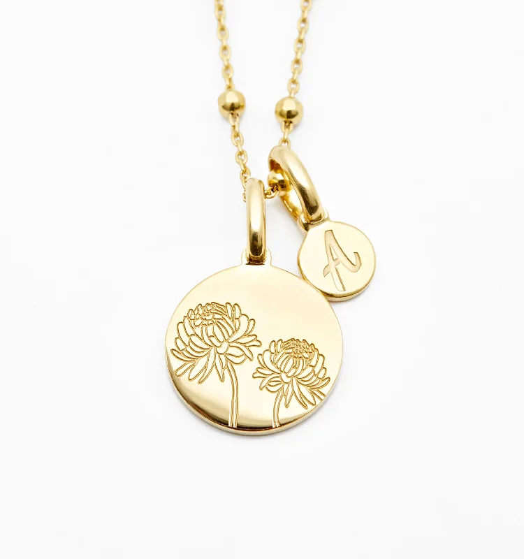 Mixed Metal Necklaces-Chrysanthemum Necklace With Initial - November Flower