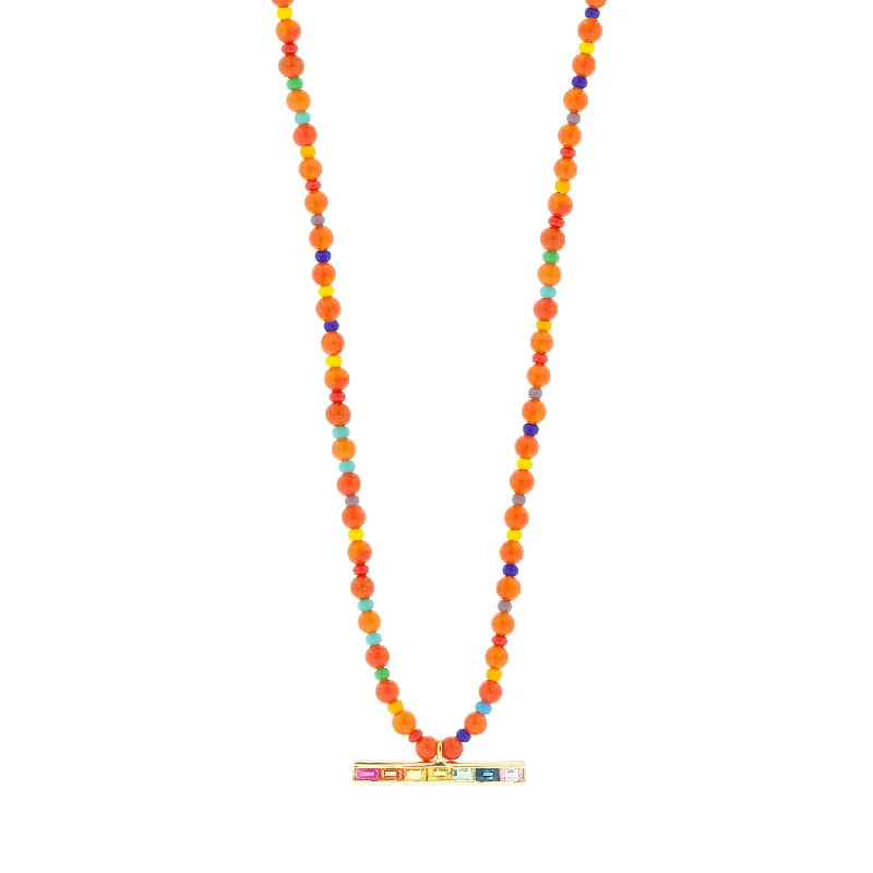 Cute Gold Necklaces-Rainbow Sapphire Baguette ID Bar on Carnelian Beaded Necklace