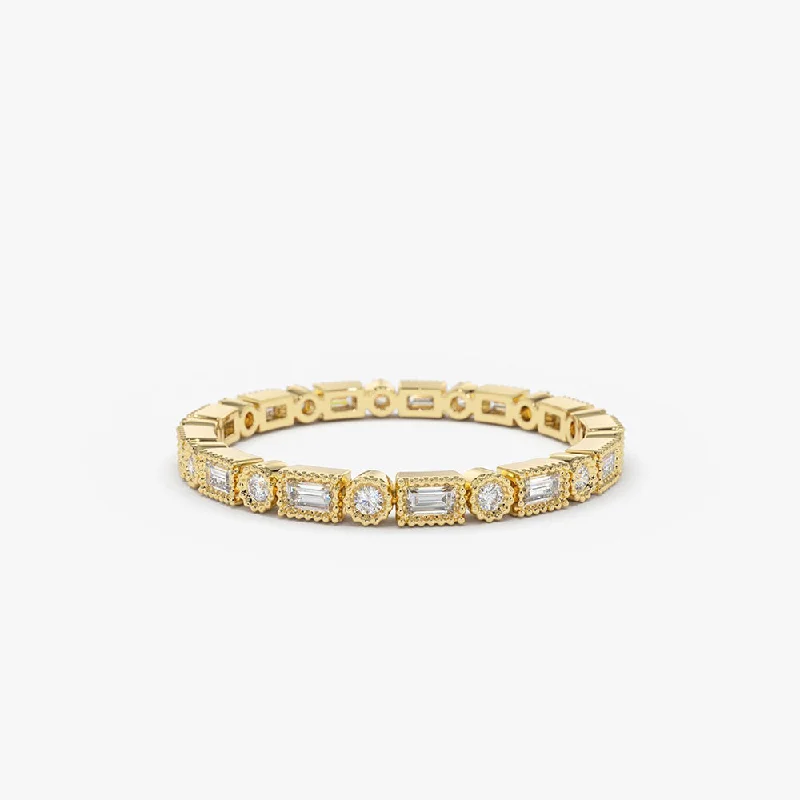 Birthstone Wedding Rings for Couples-14K Baguette & Round Diamond Milgrain Bezel Full Eternity Ring