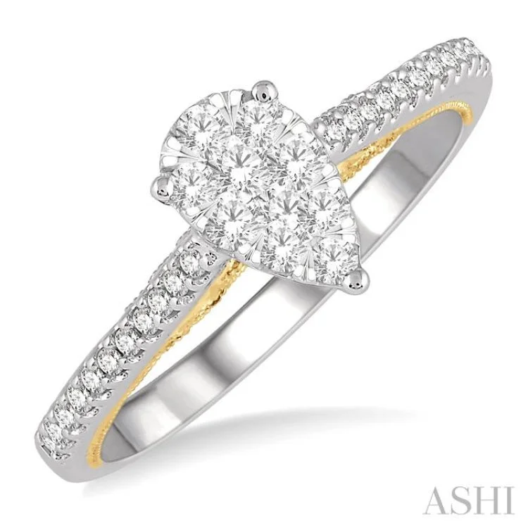 Customizable Engagement Rings for Men-1/3 Ctw Pear Shape Round Cut Diamond Lovebright Ring in 14K White and Yellow gold.