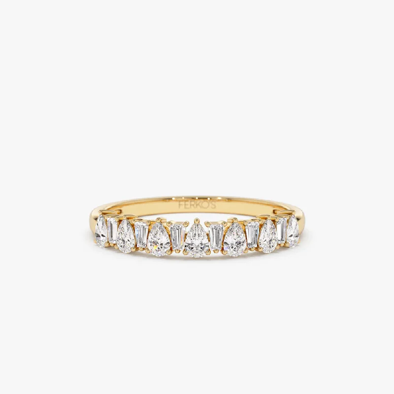 Luxury Wedding Bands for Women-14k Pear Shaped & Tapered Baguette Diamond Anniversary Ring