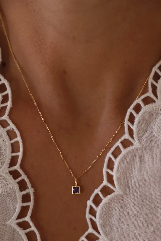 Fashion Necklaces-AMETHYST SQUARE BEZEL NECKLACE