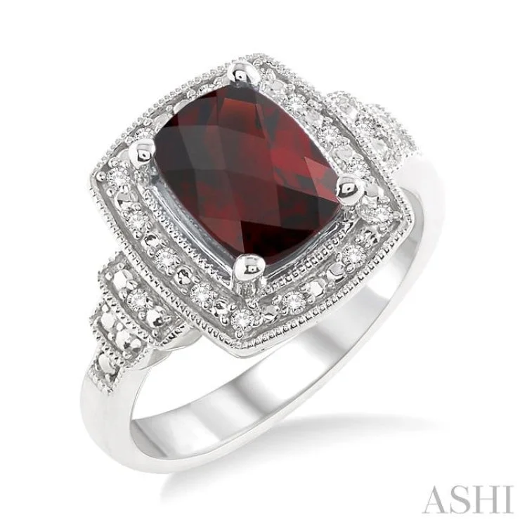 Custom Wedding Bands with Engraving-9x7MM Cushion Cut Garnet and 1/10 Ctw Single Cut Diamond Ring in Sterling Silver