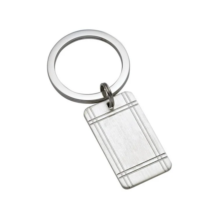 Engraved Wedding Bands for Men-Sterling Silver Rectangle Key Ring satined W/Engine-Turned Tartan