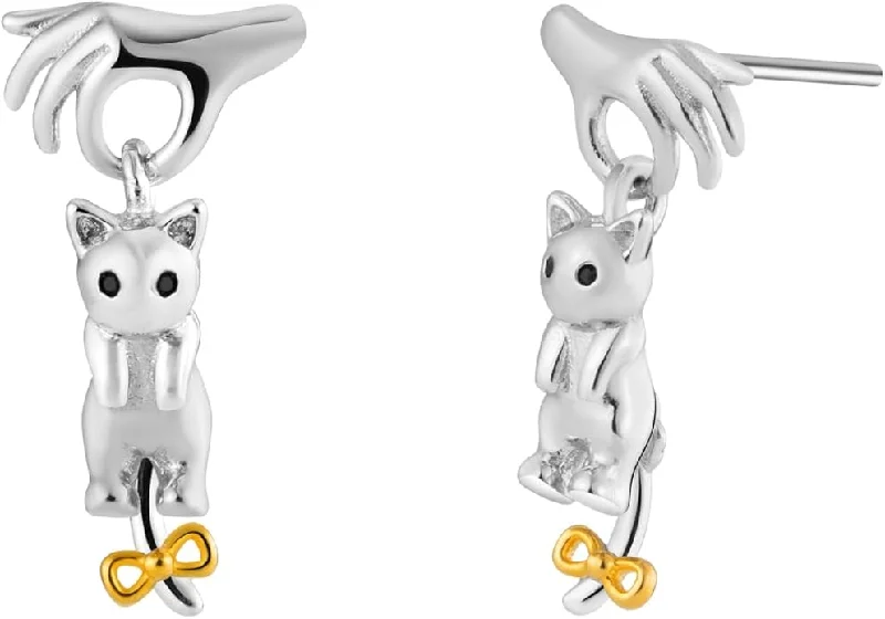 Sparkling Gold Earrings-Dangling Kitty Cat Earrings