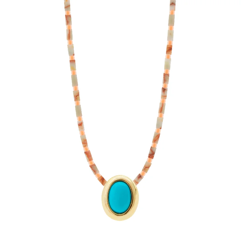 Trendy Choker Necklaces-Oval Turquoise Cabochon on Jasper Beaded Necklace