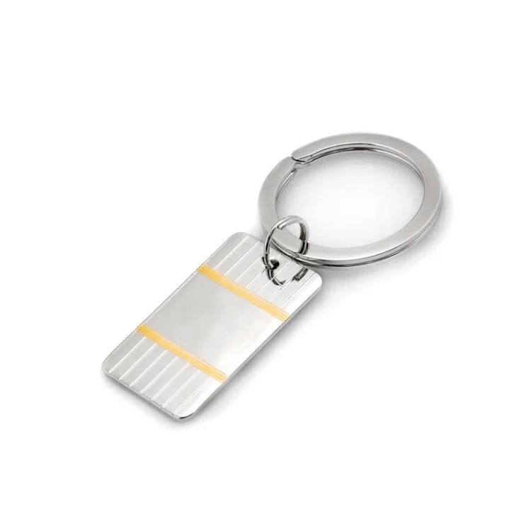 Affordable Promise Wedding Rings-Sterling Silver Rectangle Engine-Turned Key Ring W/Gold Accents