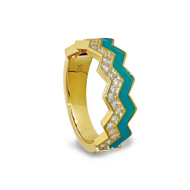 Custom Name Rings for Women-Gold Vermeil Sterling Silver Micropave Ring with with Turquoise Enamel and Simulated Diamondss