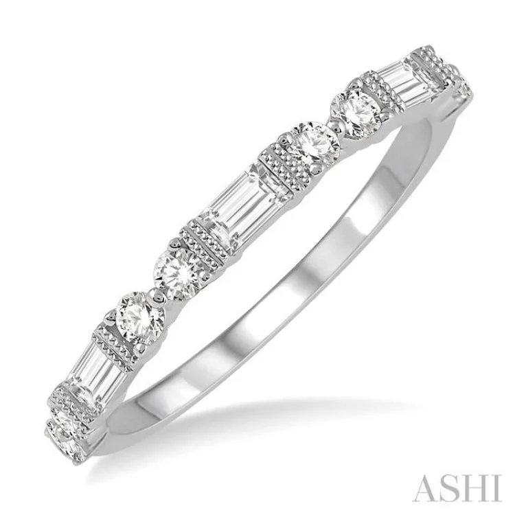 Custom Diamond Rings for Men-1/2 ctw Segmented Art Deco Baguette and Round Cut Diamond Stackable Band in 14K White Gold