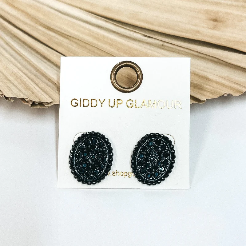 Trendy Hoop Earrings for Women-Black Oval Stud Earrings with Black Crystals