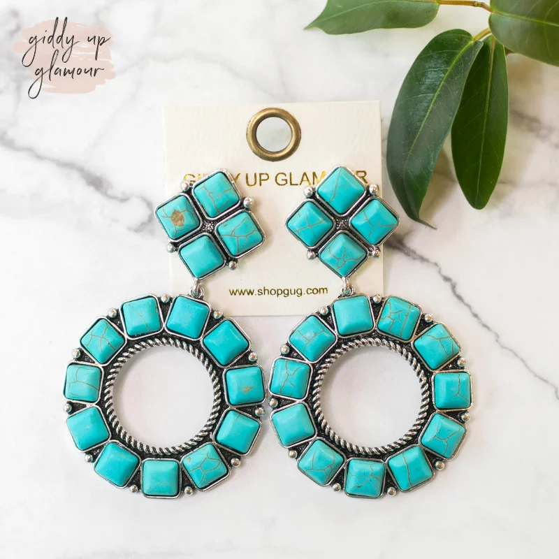 Sparkling Gemstone Drop Earrings for Women-Diamond with Circle Drop Clip-On Earrings in Turquoise