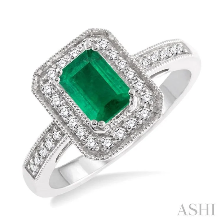 Custom Ring Sets for Women-6x4 MM Octagon Cut Emerald and 1/4 Ctw Round Cut Diamond Ring in 14K White Gold