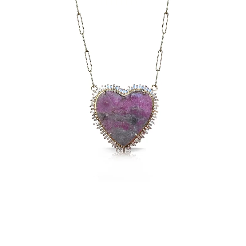 Heart Pendant Necklaces-14k Pink Cobalt Calcite Baguette Heart Necklace