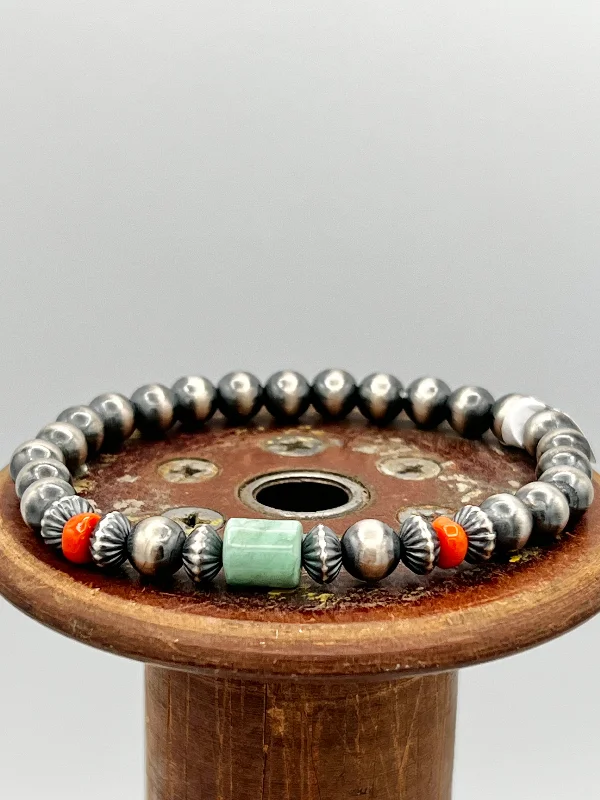 Colored Stone Bracelets for Women-Navajo Pearl Stretch Bracelet with Turquoise and Spiny Oyster