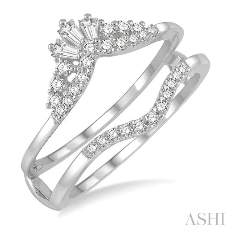 Custom Engagement Rings with Diamond Accents-1/3 ctw Tiara Baguette and Round Cut Diamond Insert Ring in 14K White Gold