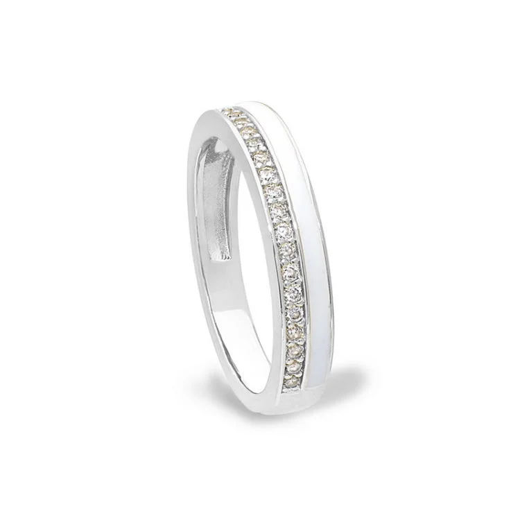 Handmade Wedding Ring Bands-Platinum Finish Sterling Silver Micropave Ring with with White Enamel and Simulated Diamondss