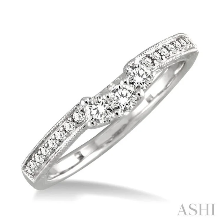 Unique Engagement Rings with Gemstones-1/3 ctw Arched Center Engraved Foliage Round Cut Diamond Wedding Band in 14K White Gold