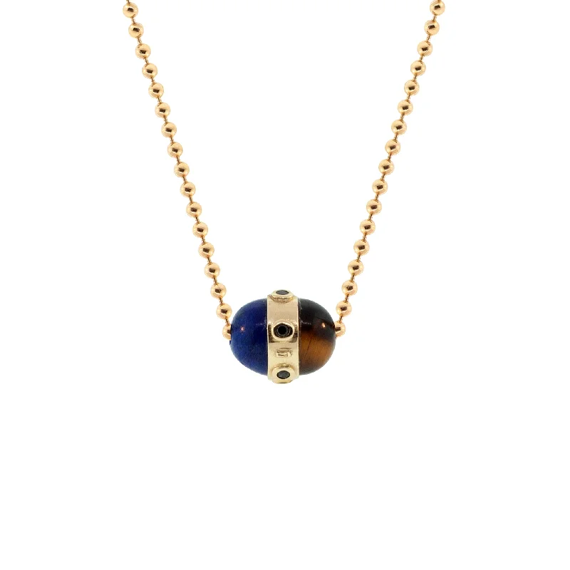 Gold Chain Necklaces-Lapis/Tiger's Eye Pendant With Black Diamonds On A Gold Ball Chain Necklace