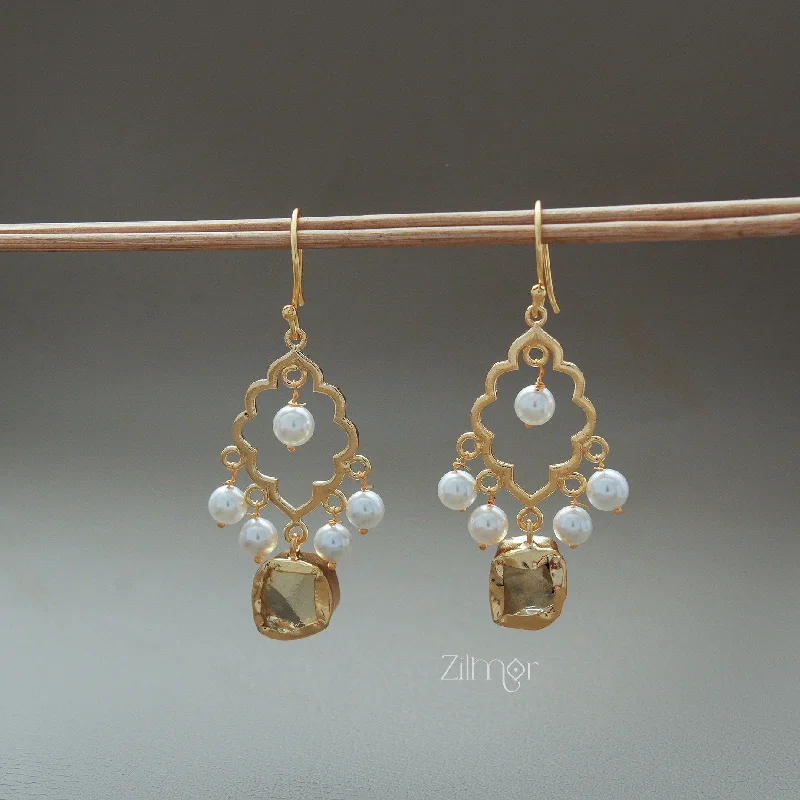 Geometric Drop Earrings for Women-AS1011268 - Freshwater Pearl with Raw Natural Stone Hoop Earrings